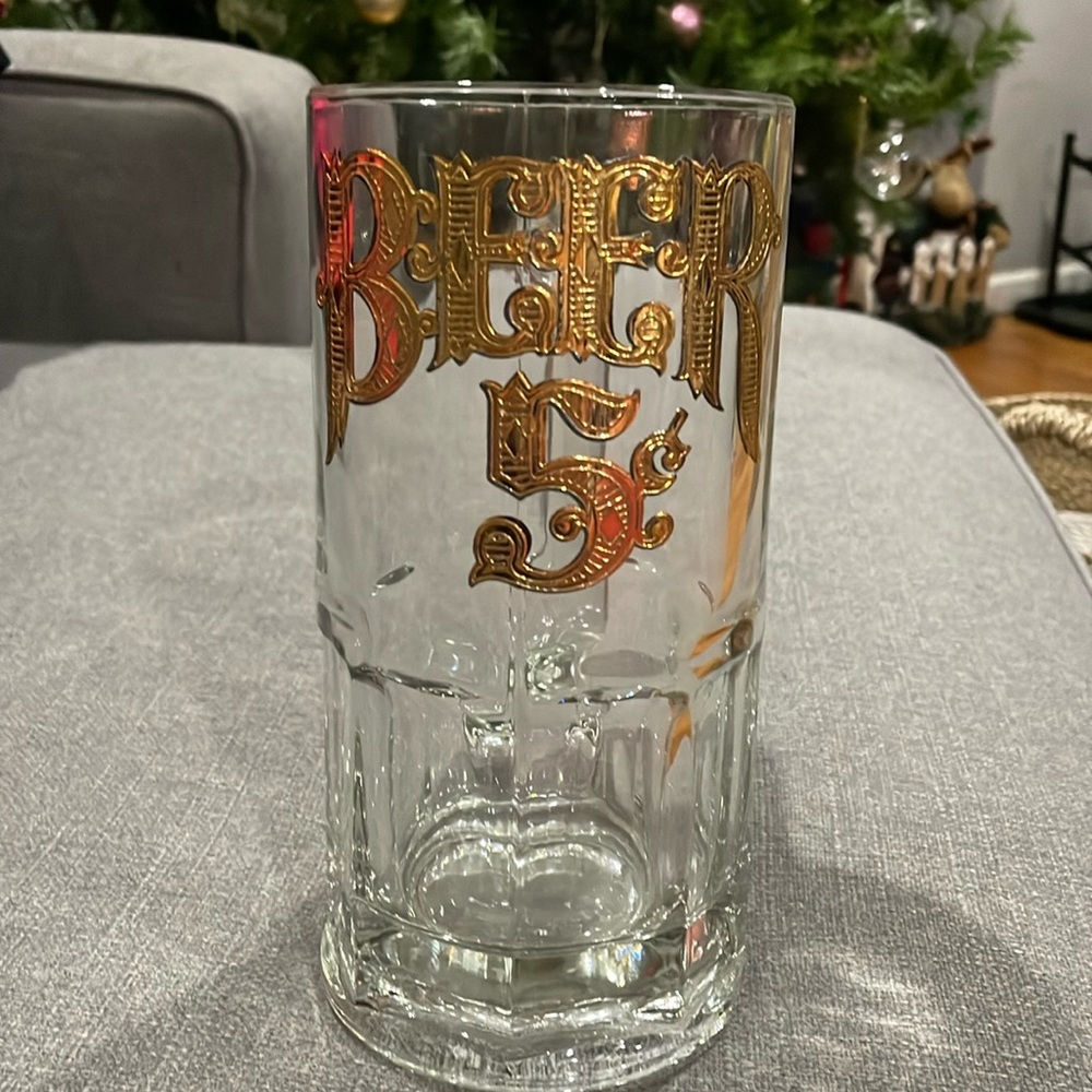 Clear Vintage Glass Beer Mug Stein Gold Letters Beer 5 Cents